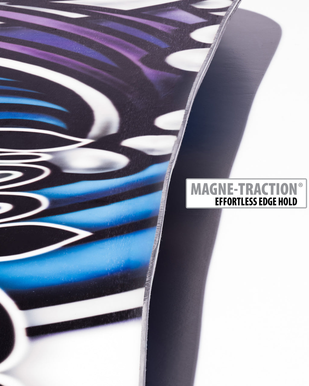 Lib Tech Banana Blaster snowboard base close-up showing Magne-Traction serrated edge technology
