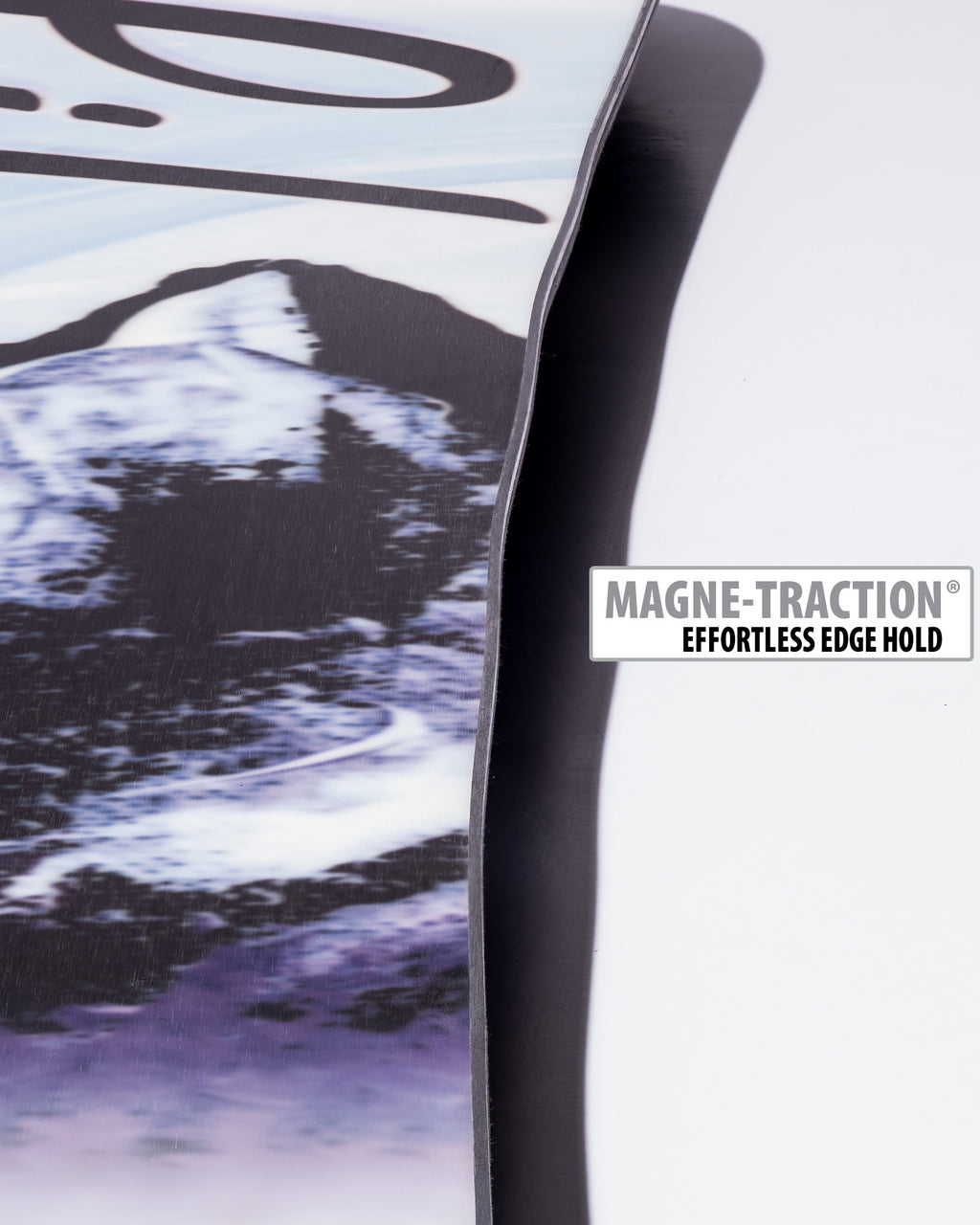 Lib Tech Cortado snowboard base close-up showing Magne-Traction serrated edge technology