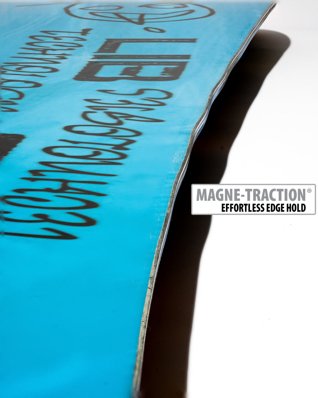 Lib Tech Doughboy snowboard base close-up showing Magne-Traction serrated edge technology