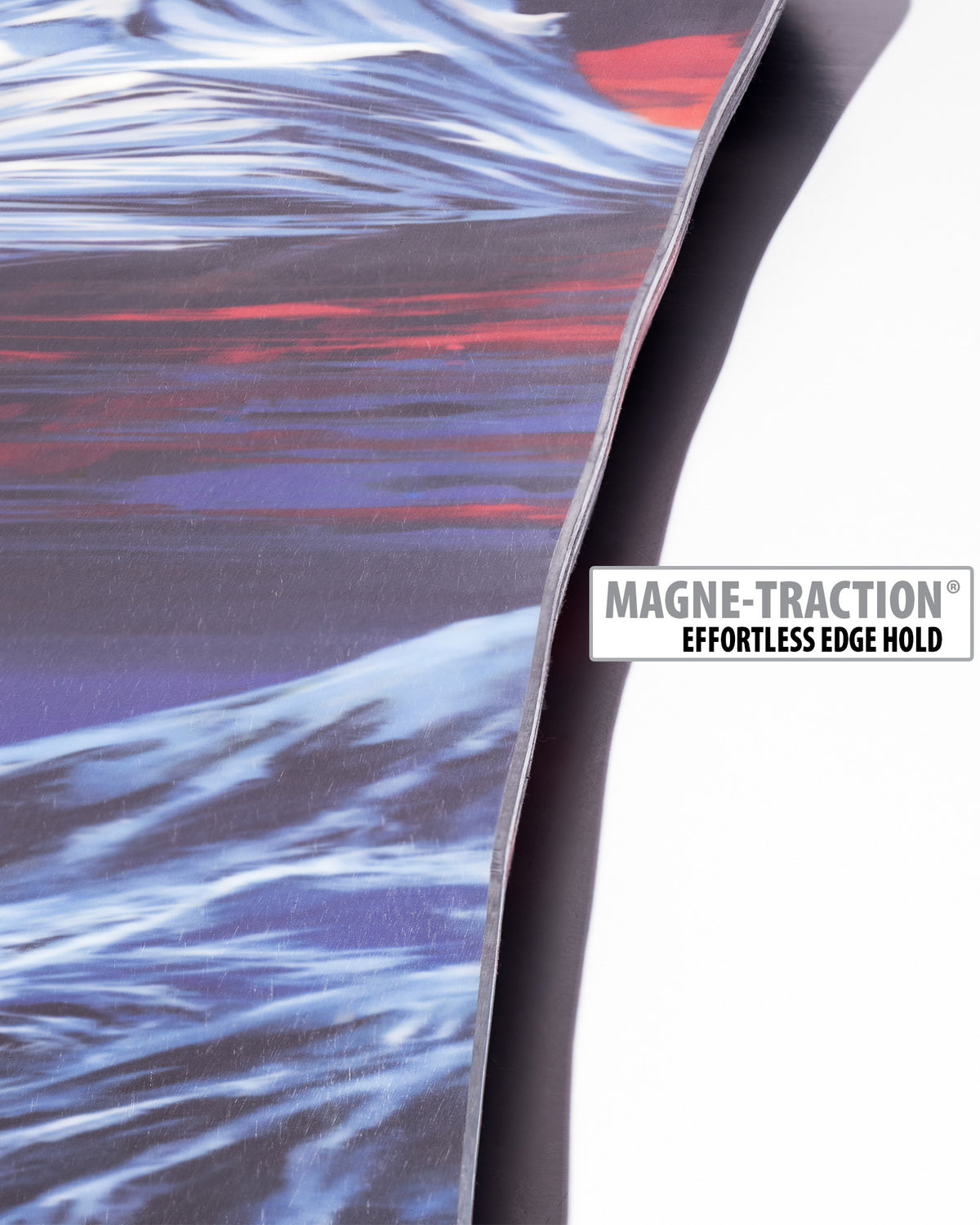 Lib Tech Dynamo snowboard base close-up showing Magne-Traction serrated edge technology