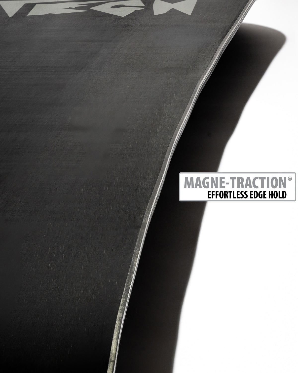 Lib Tech Ejack-Knife snowboard base close-up showing Magne-Traction serrated edge technology