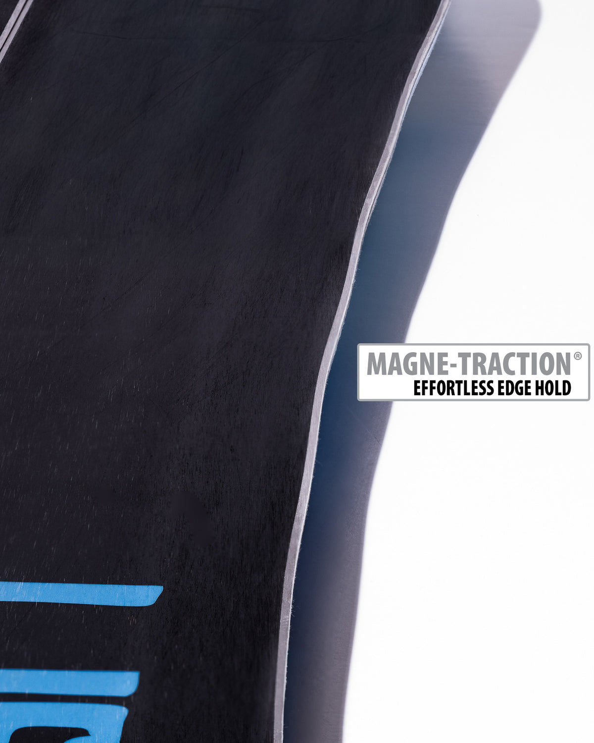 Lib Tech Escalator snowboard base close-up showing Magne-Traction serrated edge technology