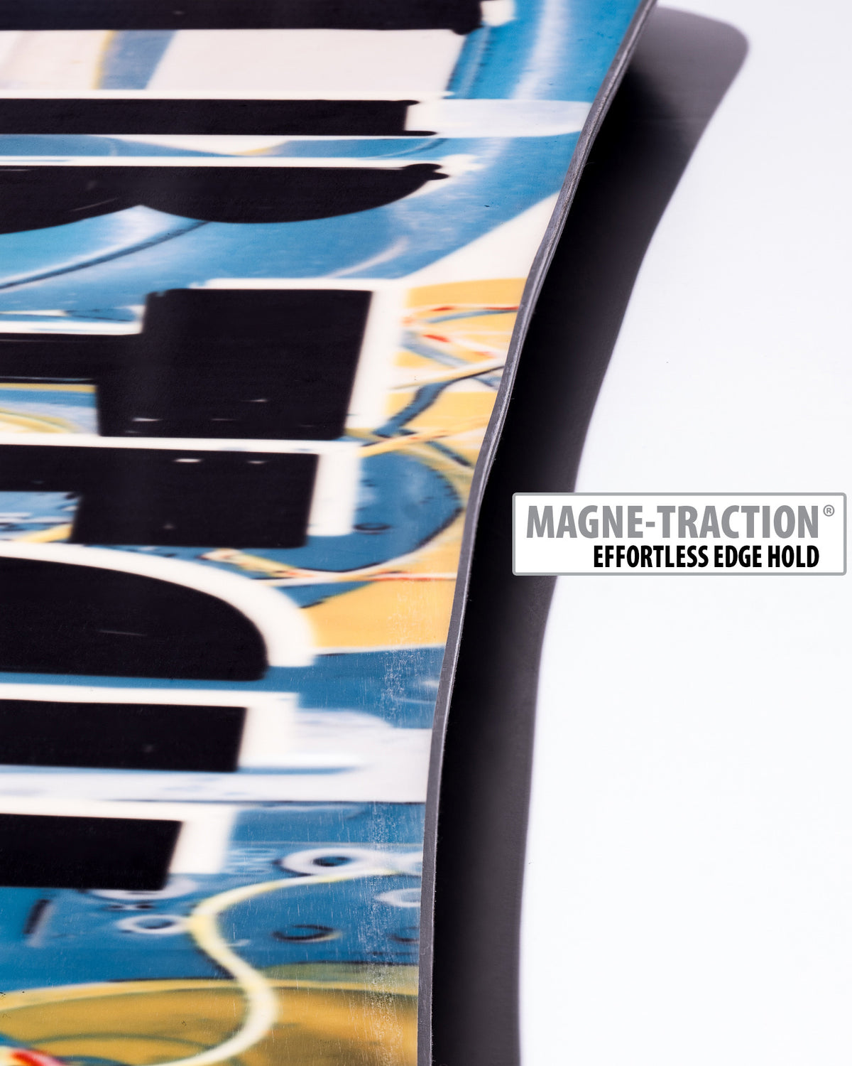 Lib Tech Legitimizer snowboard base close-up showing Magne-Traction serrated edge technology
