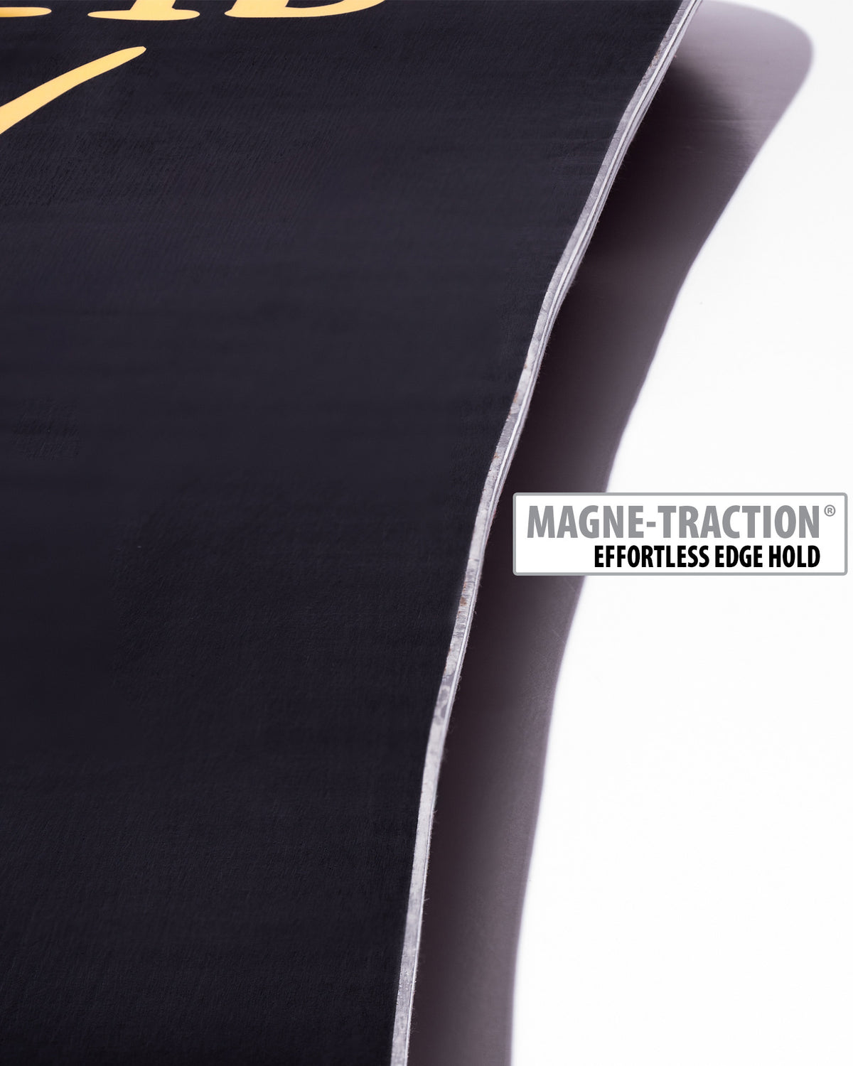 Lib Tech Lib Rig snowboard base close-up showing Magne-Traction serrated edge technology