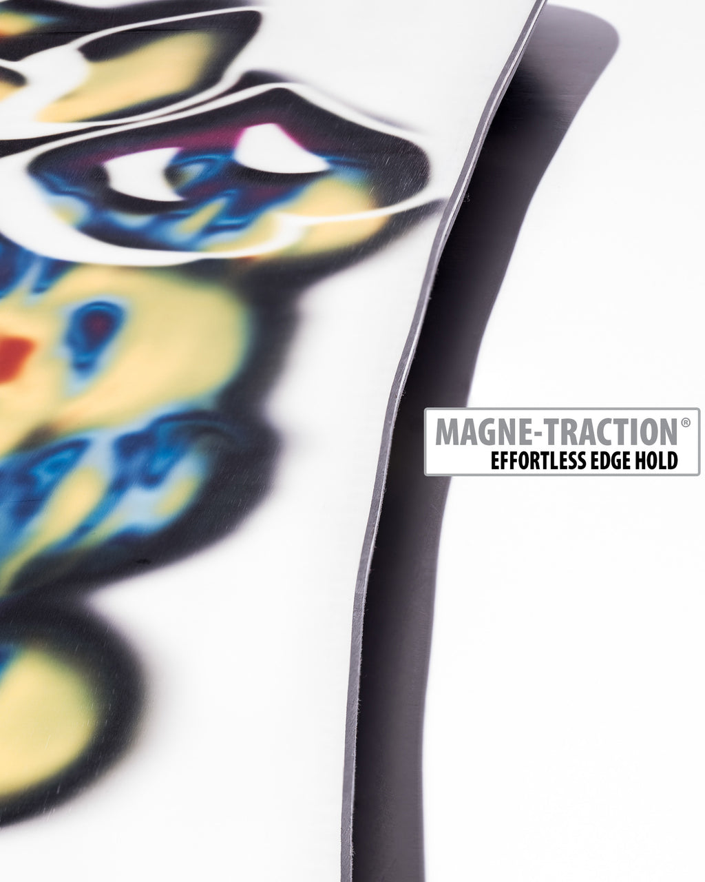 Lib Tech Off Ramp snowboard base close-up showing Magne-Traction serrated edge technology