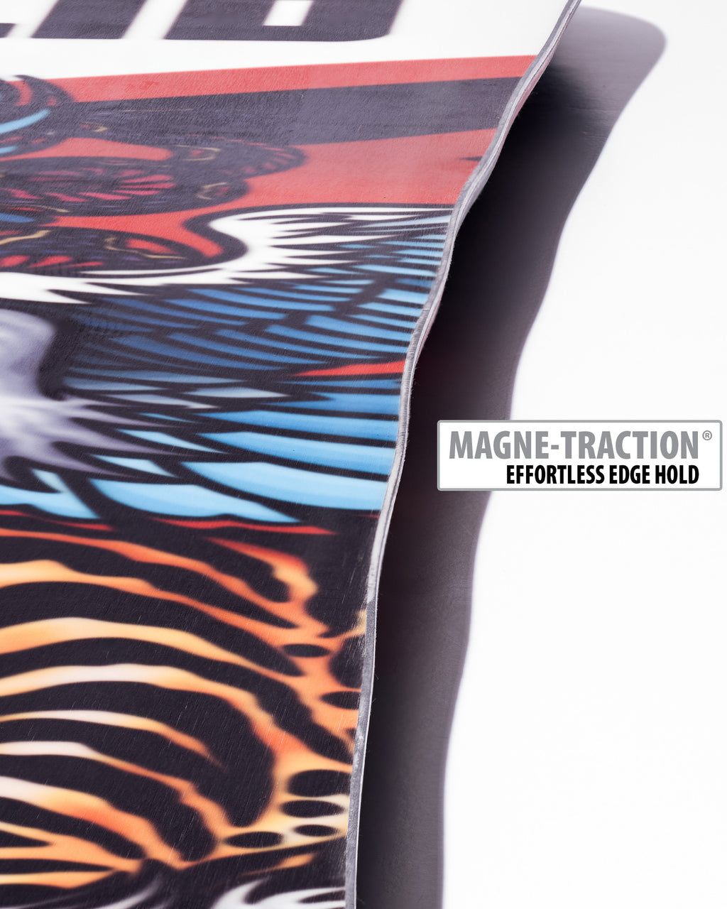 Lib Tech Terrain Wrecker snowboard base close-up showing Magne-Traction serrated edge technology