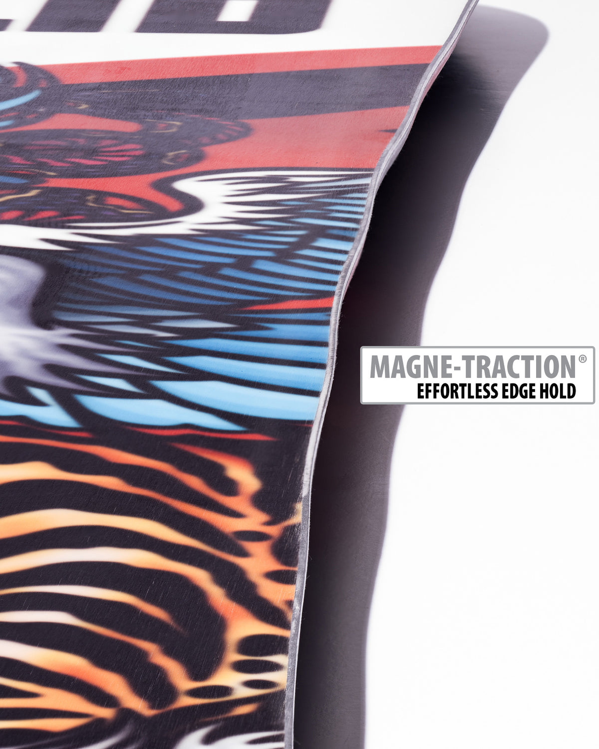 Lib Tech Terrain Wrecker snowboard base close-up showing Magne-Traction serrated edge technology